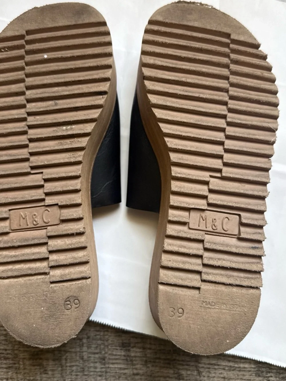 Musse & Cloud Black and Brown Leather Platform Slide Sandals